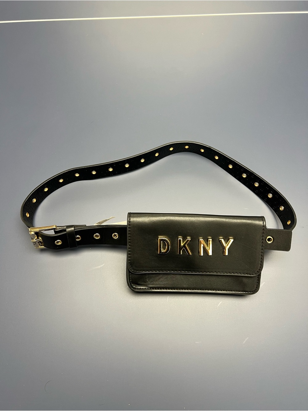 DKNY Black Leather Belt Bag with Gold Logo and Studded Strap
